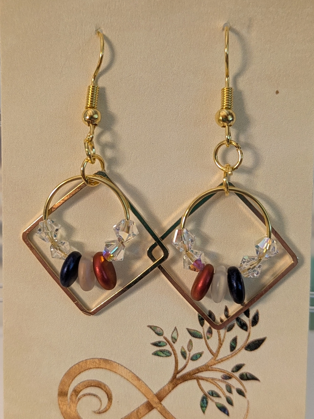 Red, White, And Navy Blue Geometric Hoop Earrings With Gold Tone Accents